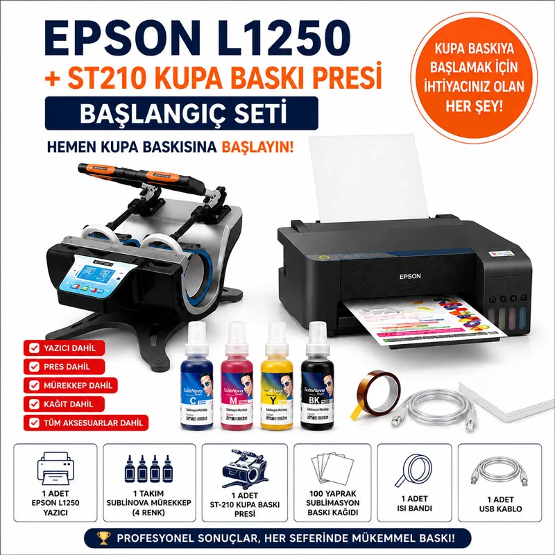 Kupa Baskı Seti - ST-210 İkili Kupa Presi + Epson L1250